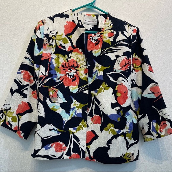 Alfred Dunner Floral Open Blazer Suit Jacket Event Formal 10P Blue Pink 3/4 - Picture 1 of 14